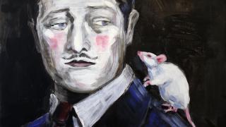 Maalaus, jossa valkoinen hiiri istuu miehen olkapäällä.