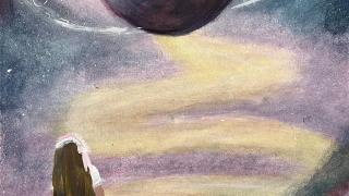 Teos nimeltään vaeltaja. Tyttö kulkee avaruudellisessa maisemassa, jossa näkyy planeetta ellipseineen.