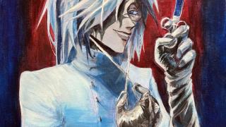 Öljyväriteos. Ihmishahmo seisoo pidellen kädessään pitkää ruiskua.